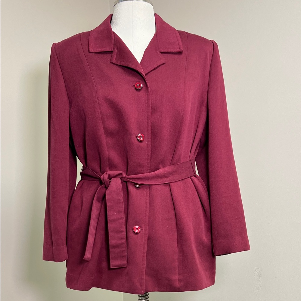 Vintage Laura Scott burgundy tie waist blazer notched collar button close 16 - Picture 1 of 13